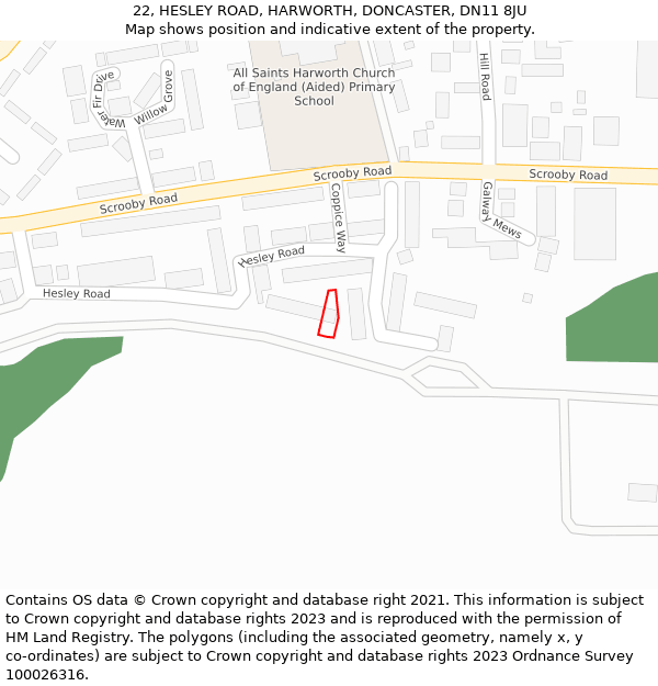 22, HESLEY ROAD, HARWORTH, DONCASTER, DN11 8JU: Location map and indicative extent of plot