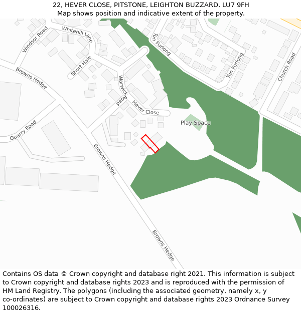 22, HEVER CLOSE, PITSTONE, LEIGHTON BUZZARD, LU7 9FH: Location map and indicative extent of plot