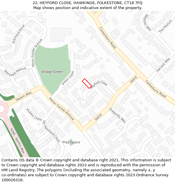 22, HEYFORD CLOSE, HAWKINGE, FOLKESTONE, CT18 7FQ: Location map and indicative extent of plot