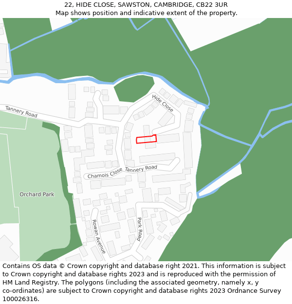 22, HIDE CLOSE, SAWSTON, CAMBRIDGE, CB22 3UR: Location map and indicative extent of plot