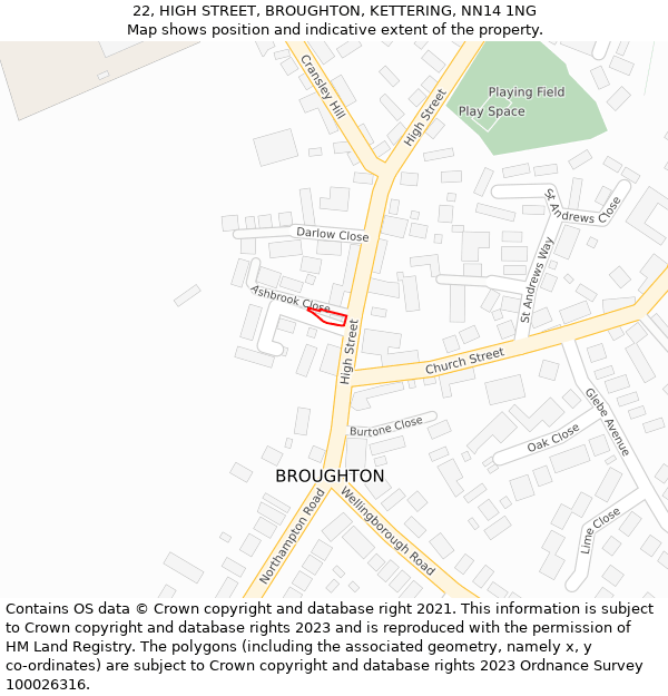 22, HIGH STREET, BROUGHTON, KETTERING, NN14 1NG: Location map and indicative extent of plot