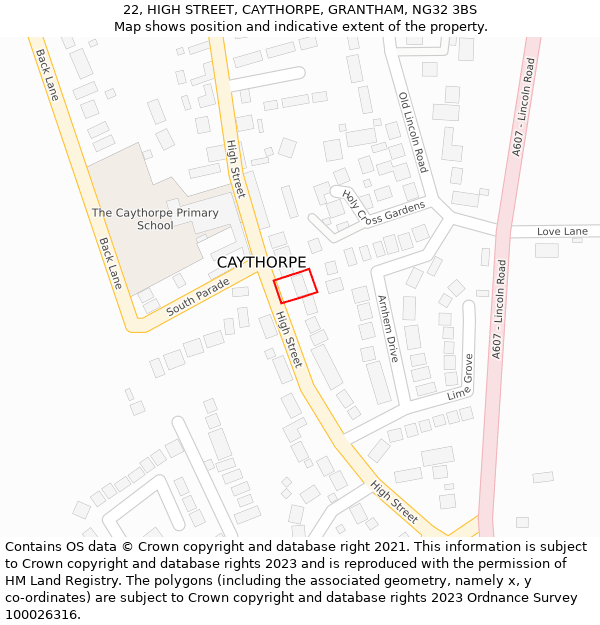 22, HIGH STREET, CAYTHORPE, GRANTHAM, NG32 3BS: Location map and indicative extent of plot