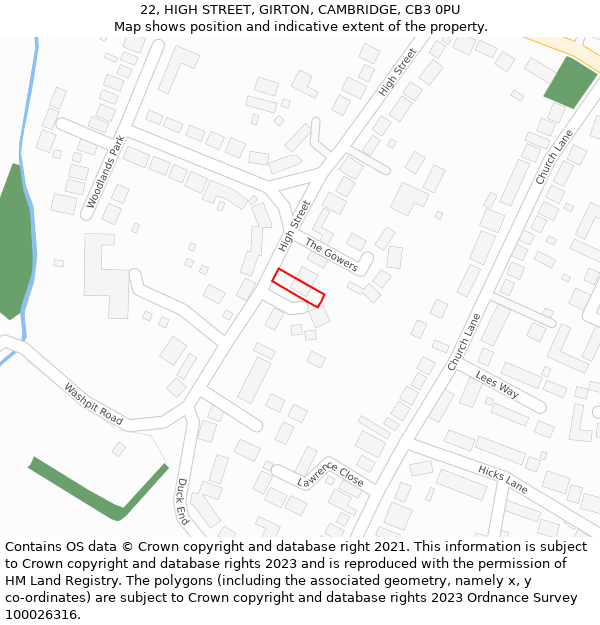 22, HIGH STREET, GIRTON, CAMBRIDGE, CB3 0PU: Location map and indicative extent of plot