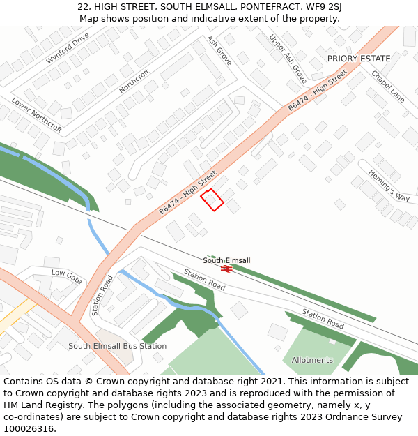 22, HIGH STREET, SOUTH ELMSALL, PONTEFRACT, WF9 2SJ: Location map and indicative extent of plot