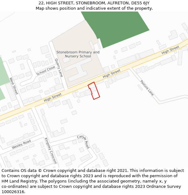 22, HIGH STREET, STONEBROOM, ALFRETON, DE55 6JY: Location map and indicative extent of plot