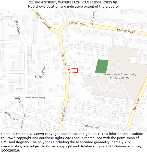 22, HIGH STREET, WATERBEACH, CAMBRIDGE, CB25 9JU: Location map and indicative extent of plot