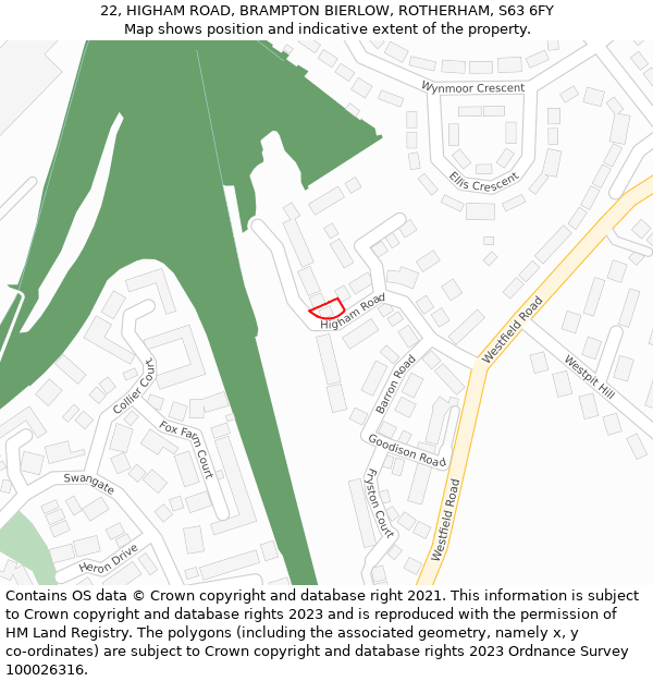 22, HIGHAM ROAD, BRAMPTON BIERLOW, ROTHERHAM, S63 6FY: Location map and indicative extent of plot