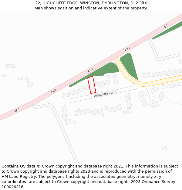 22, HIGHCLIFFE EDGE, WINSTON, DARLINGTON, DL2 3RX: Location map and indicative extent of plot