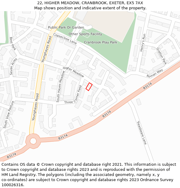 22, HIGHER MEADOW, CRANBROOK, EXETER, EX5 7AX: Location map and indicative extent of plot