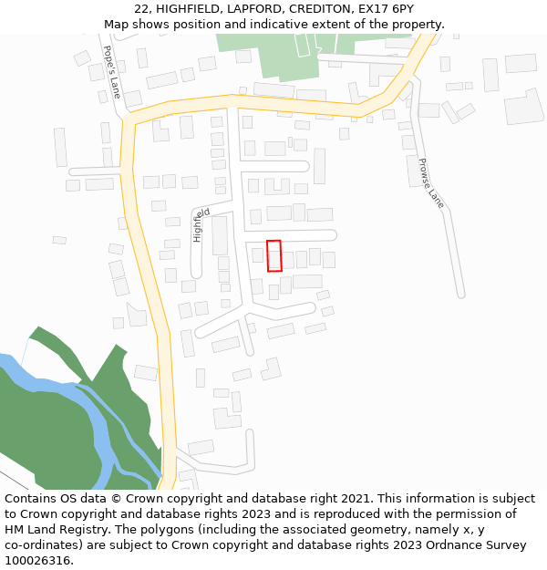 22, HIGHFIELD, LAPFORD, CREDITON, EX17 6PY: Location map and indicative extent of plot