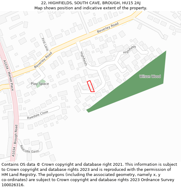 22, HIGHFIELDS, SOUTH CAVE, BROUGH, HU15 2AJ: Location map and indicative extent of plot