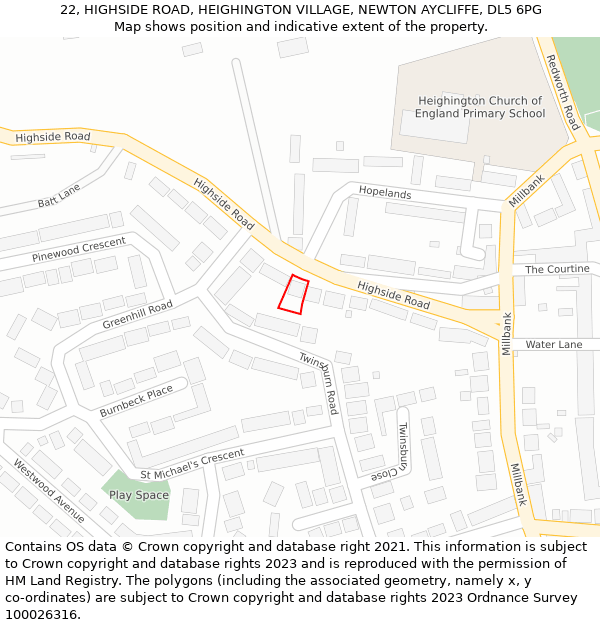 22, HIGHSIDE ROAD, HEIGHINGTON VILLAGE, NEWTON AYCLIFFE, DL5 6PG: Location map and indicative extent of plot