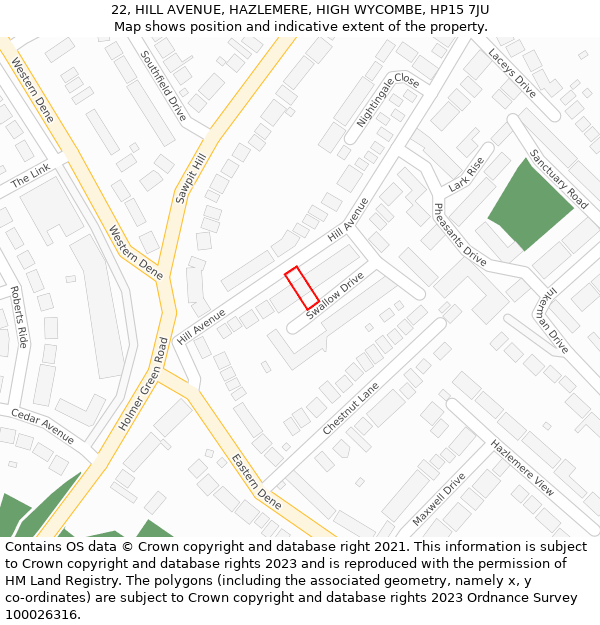 22, HILL AVENUE, HAZLEMERE, HIGH WYCOMBE, HP15 7JU: Location map and indicative extent of plot