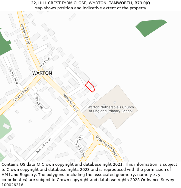 22, HILL CREST FARM CLOSE, WARTON, TAMWORTH, B79 0JQ: Location map and indicative extent of plot