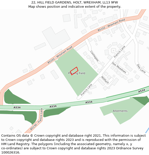 22, HILL FIELD GARDENS, HOLT, WREXHAM, LL13 9FW: Location map and indicative extent of plot