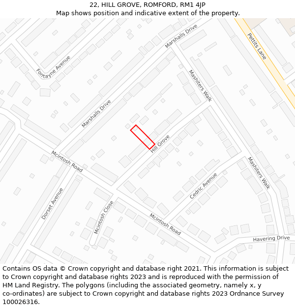 22, HILL GROVE, ROMFORD, RM1 4JP: Location map and indicative extent of plot