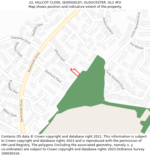 22, HILLCOT CLOSE, QUEDGELEY, GLOUCESTER, GL2 4FU: Location map and indicative extent of plot