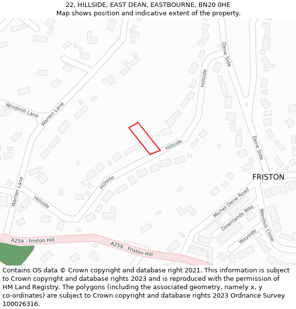 22, HILLSIDE, EAST DEAN, EASTBOURNE, BN20 0HE: Location map and indicative extent of plot