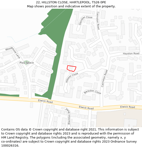 22, HILLSTON CLOSE, HARTLEPOOL, TS26 0PE: Location map and indicative extent of plot