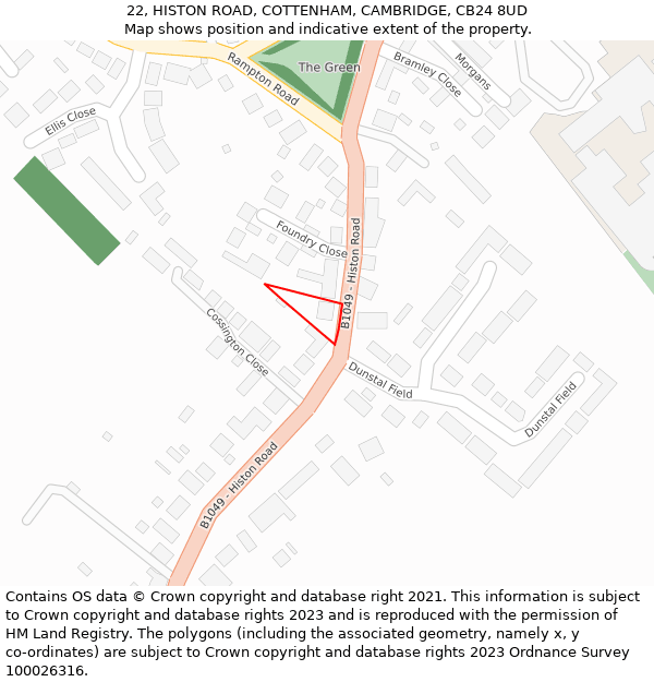 22, HISTON ROAD, COTTENHAM, CAMBRIDGE, CB24 8UD: Location map and indicative extent of plot