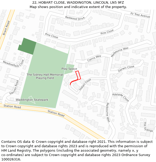 22, HOBART CLOSE, WADDINGTON, LINCOLN, LN5 9FZ: Location map and indicative extent of plot