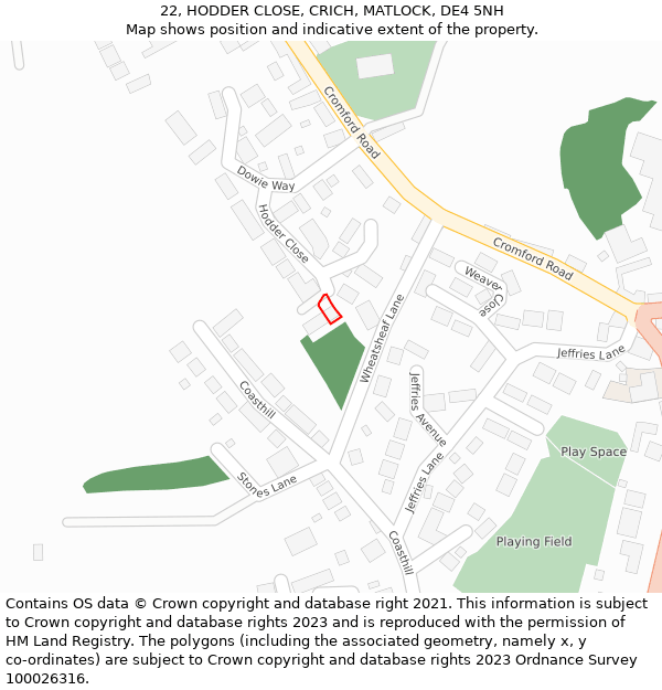 22, HODDER CLOSE, CRICH, MATLOCK, DE4 5NH: Location map and indicative extent of plot