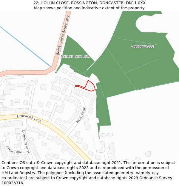 22, HOLLIN CLOSE, ROSSINGTON, DONCASTER, DN11 0XX: Location map and indicative extent of plot