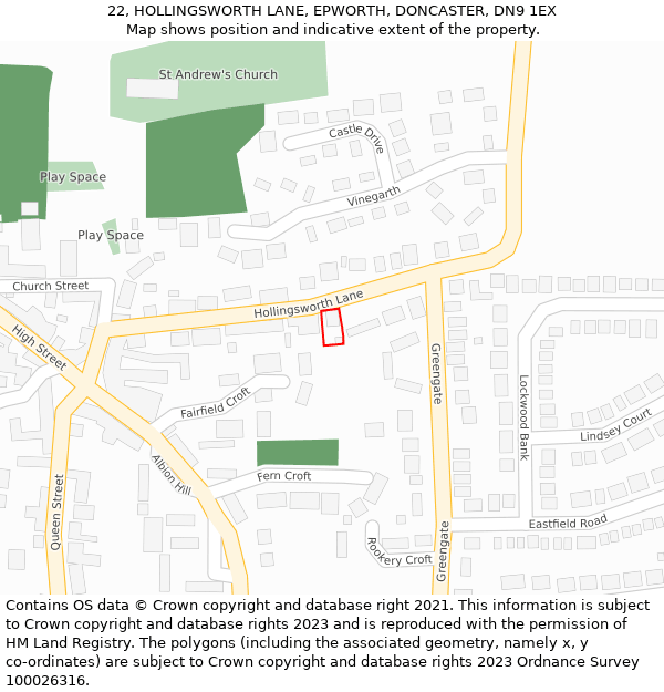 22, HOLLINGSWORTH LANE, EPWORTH, DONCASTER, DN9 1EX: Location map and indicative extent of plot
