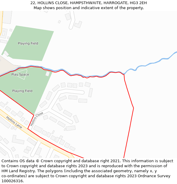 22, HOLLINS CLOSE, HAMPSTHWAITE, HARROGATE, HG3 2EH: Location map and indicative extent of plot