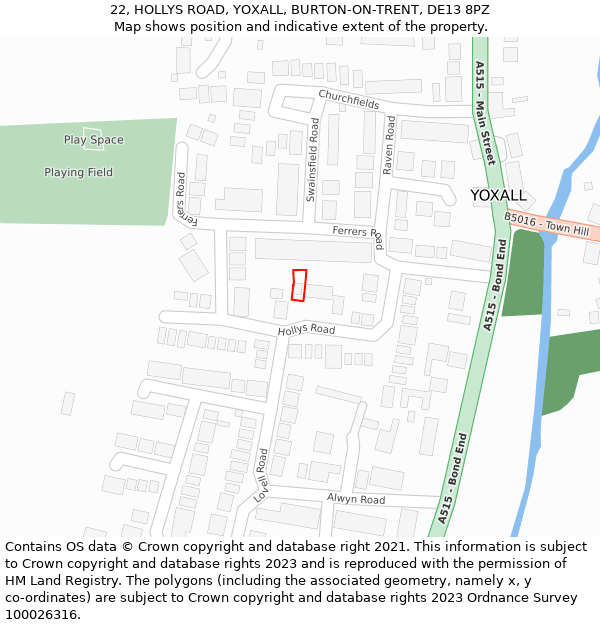 22, HOLLYS ROAD, YOXALL, BURTON-ON-TRENT, DE13 8PZ: Location map and indicative extent of plot