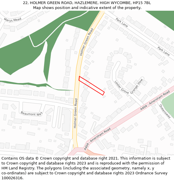 22, HOLMER GREEN ROAD, HAZLEMERE, HIGH WYCOMBE, HP15 7BL: Location map and indicative extent of plot