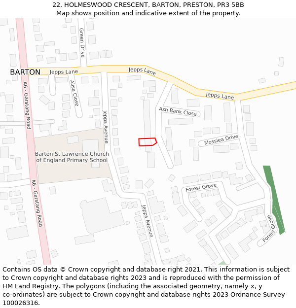 22, HOLMESWOOD CRESCENT, BARTON, PRESTON, PR3 5BB: Location map and indicative extent of plot