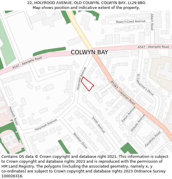 22, HOLYROOD AVENUE, OLD COLWYN, COLWYN BAY, LL29 8BG: Location map and indicative extent of plot