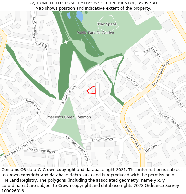 22, HOME FIELD CLOSE, EMERSONS GREEN, BRISTOL, BS16 7BH: Location map and indicative extent of plot