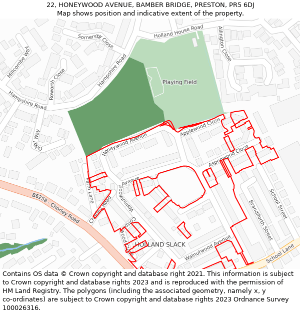 22, HONEYWOOD AVENUE, BAMBER BRIDGE, PRESTON, PR5 6DJ: Location map and indicative extent of plot
