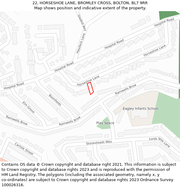 22, HORSESHOE LANE, BROMLEY CROSS, BOLTON, BL7 9RR: Location map and indicative extent of plot