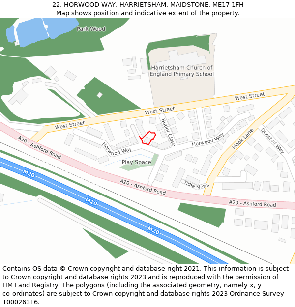 22, HORWOOD WAY, HARRIETSHAM, MAIDSTONE, ME17 1FH: Location map and indicative extent of plot