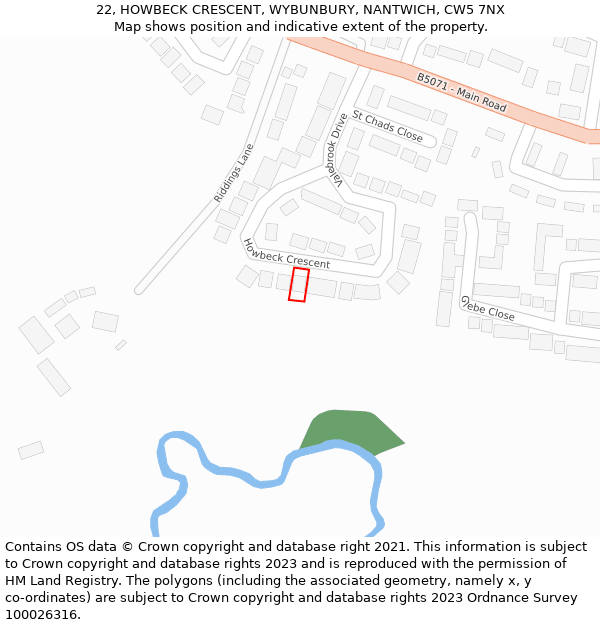 22, HOWBECK CRESCENT, WYBUNBURY, NANTWICH, CW5 7NX: Location map and indicative extent of plot