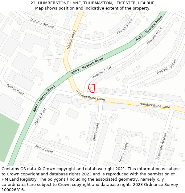 22, HUMBERSTONE LANE, THURMASTON, LEICESTER, LE4 8HE: Location map and indicative extent of plot