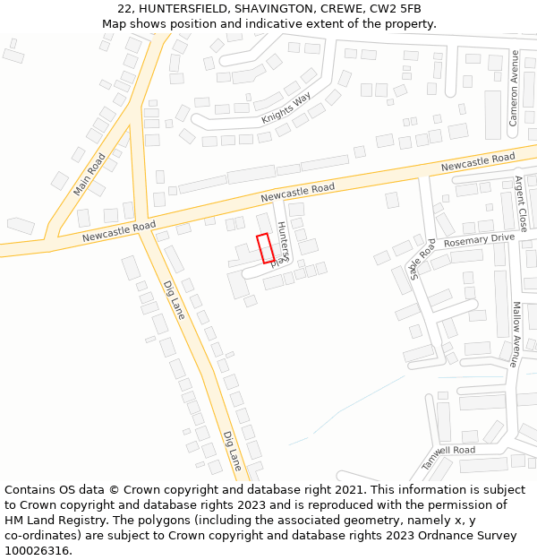 22, HUNTERSFIELD, SHAVINGTON, CREWE, CW2 5FB: Location map and indicative extent of plot