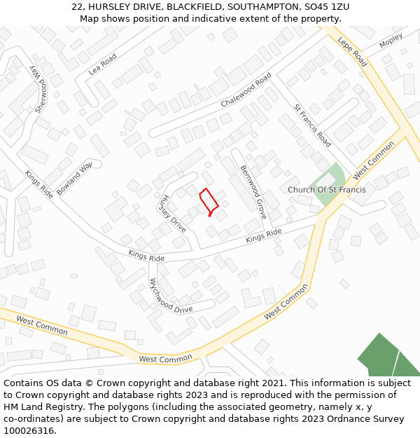 22, HURSLEY DRIVE, BLACKFIELD, SOUTHAMPTON, SO45 1ZU: Location map and indicative extent of plot