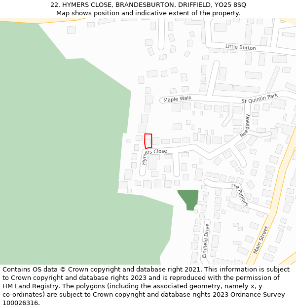22, HYMERS CLOSE, BRANDESBURTON, DRIFFIELD, YO25 8SQ: Location map and indicative extent of plot