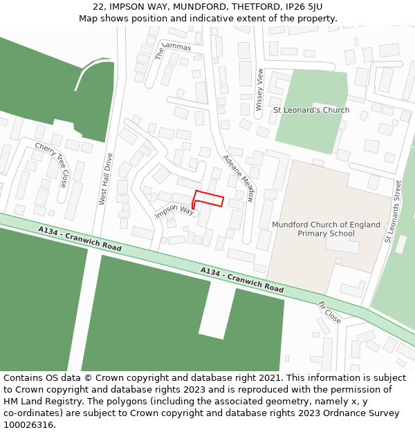 22, IMPSON WAY, MUNDFORD, THETFORD, IP26 5JU: Location map and indicative extent of plot