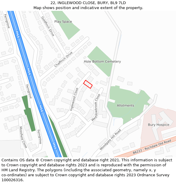 22, INGLEWOOD CLOSE, BURY, BL9 7LD: Location map and indicative extent of plot