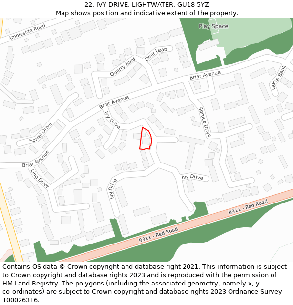 22, IVY DRIVE, LIGHTWATER, GU18 5YZ: Location map and indicative extent of plot