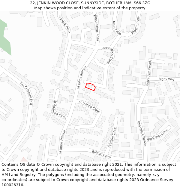 22, JENKIN WOOD CLOSE, SUNNYSIDE, ROTHERHAM, S66 3ZG: Location map and indicative extent of plot