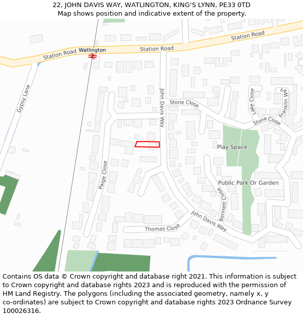 22, JOHN DAVIS WAY, WATLINGTON, KING'S LYNN, PE33 0TD: Location map and indicative extent of plot