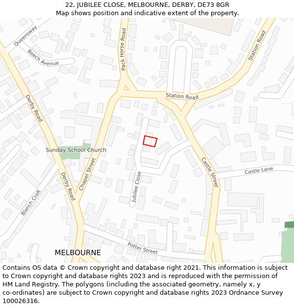 22, JUBILEE CLOSE, MELBOURNE, DERBY, DE73 8GR: Location map and indicative extent of plot