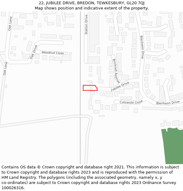 22, JUBILEE DRIVE, BREDON, TEWKESBURY, GL20 7QJ: Location map and indicative extent of plot