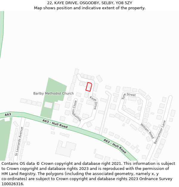 22, KAYE DRIVE, OSGODBY, SELBY, YO8 5ZY: Location map and indicative extent of plot